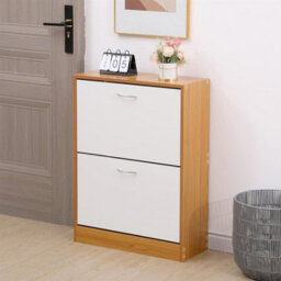Avc Designs 2 Drawer Shoe Storage Cabinet Wooden Freestanding Footwear Rack Unit For Hallway Or Entryway (Pine & White) - thumbnail 1