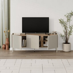 "Decortie Modern 140Cm Tv Stand Unit Up To 50"" Tvs, 3 Soft-Close Door, 5 Storage Cabinet Shelves, Metal Legs, Natural Oak-Sandstone" - thumbnail 5