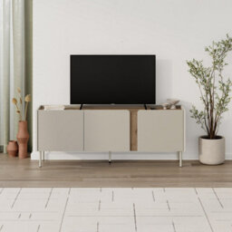 "Decortie Modern 140Cm Tv Stand Unit Up To 50"" Tvs, 3 Soft-Close Door, 5 Storage Cabinet Shelves, Metal Legs, Natural Oak-Sandstone" - thumbnail 6