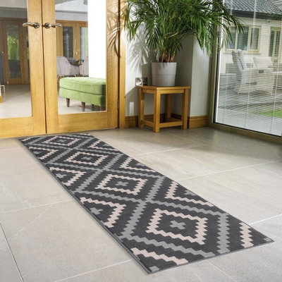 Bravich Hard Wearing Hessian Backed Stair Runner Kitchen Mat - Texas Pink & Grey Geometric Tiles - 60X240Cm (2'x8')