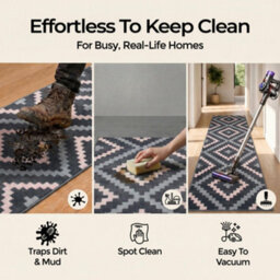 Bravich Hard Wearing Hessian Backed Stair Runner Kitchen Mat - Texas Pink & Grey Geometric Tiles - 60X240Cm (2'x8') - thumbnail 6