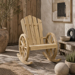 Wyld Haus Kedi Favi Natural Wood Adirondack-Style Outdoor Rocking Chair With Reclining Back, Natural Finish