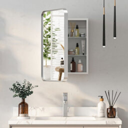 Keepreaper Bathroom Mirror Cabinet With Curved Design 2 Glass Shelves 40X60X15Cm Wall Mounted Metal Frame Bathroom Cabinet - thumbnail 2