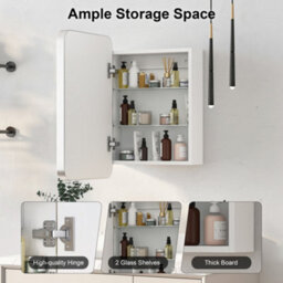 Keepreaper Bathroom Mirror Cabinet With Curved Design 2 Glass Shelves 40X60X15Cm Wall Mounted Metal Frame Bathroom Cabinet - thumbnail 4