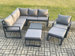 Fimous Outdoor Garden Furniture Set Aluminium Lounge Sofa Square Coffee Table Sets With Chair 2 Footstools Indoor Set Dark Grey - thumbnail 2