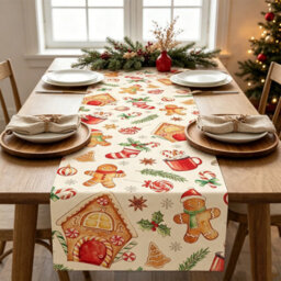 Christmas Gingerbread Table Runner Xmas Winter Party Decoration Gingerbread House Christmas Decorations, Holiday Season Decor
