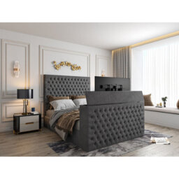 Capella Upholstered Soft Velvet  Grey Tv Bed Frame - thumbnail 1