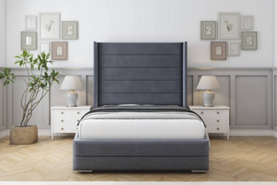 "Sloomy Sterling Steel Plush Bed Frame With 50"" Upholstered Wingback Headboard 2'6 Small Single" - image 1