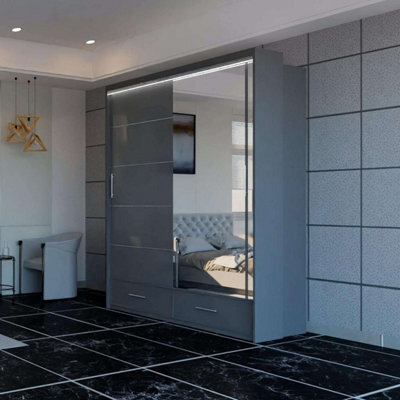 Sliding Wardrobes 4 u LTD Modern High Gloss And Mirrored Sliding Wardrobe Grey 150Cm - image 1