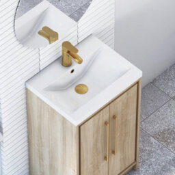 Royal Bathrooms Livora 500mm Natural Oak Floor Standing Vanity Cloakroom Unit 2 Door With Mid-Edge Basin & Brushed Brass Handle - thumbnail 5