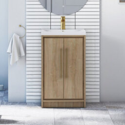 Royal Bathrooms Livora 500mm Natural Oak Floor Standing Vanity Cloakroom Unit 2 Door With Mid-Edge Basin & Brushed Brass Handle - thumbnail 1