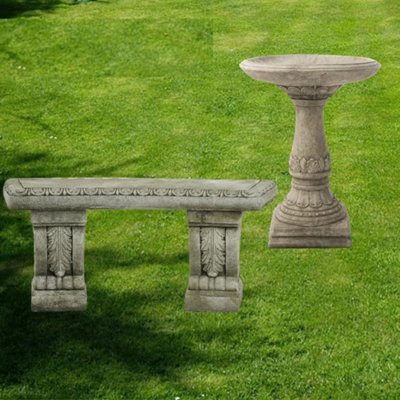 Stone Cast Garden Bench & Lala Design Birdbath - image 1