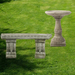 Stone Cast Garden Bench & Lala Design Birdbath