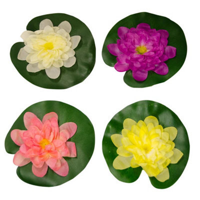 Pisces 4 Pack Floating Lily Artifical Pond Plant Decoration Lillies - White Pink Yellow Purple - image 1