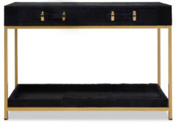 Orsina Hair On Hide Console Table, Black Modern Console Table With 2 Drawer Storage, Luxe Design With Gold Frame