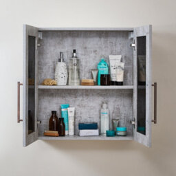 Homestylestore 600 X 650mm Concrete Grey Wall Mounted Mirrored Door Bathroom Cabinet And Aged Bronze T Bar Handles - thumbnail 2