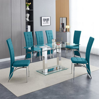 Furniture In Fashion Jet Large Clear Glass Dining Table With 6 Ravenna Teal Chairs - image 1