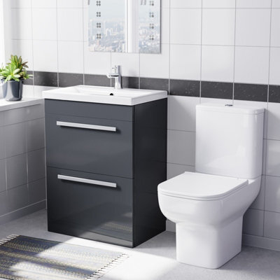 Nes Home 600mm Dark Grey Drawers Basin Vanity Unit Square Close Coupled Toilet - image 1