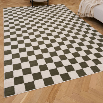 The Rugs Loft Olive And Ivory Checkerboard Living Room Area Rug And Runners Soft Pile - image 1