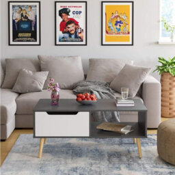 Gr8 Home Wooden Grey White Scandinavian Coffee Table With Legs Storage Compartment Drawer