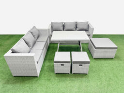 Fimous Rattan Garden Furniture Dining Set 9-Seater Patio Rectangular Table 3 Seater Sofa Set With 3 Stools Light Grey - thumbnail 1