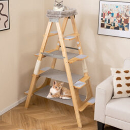 Costway Pine Wood Cat Tree 5-Level Foldable Cat Climbing Tower W/ Ladder Design