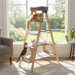 Costway Pine Wood Cat Tree 5-Level Foldable Cat Climbing Tower W/ Ladder Design - thumbnail 3