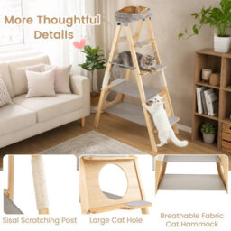 Costway Pine Wood Cat Tree 5-Level Foldable Cat Climbing Tower W/ Ladder Design - thumbnail 8