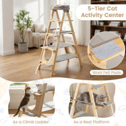 Costway Pine Wood Cat Tree 5-Level Foldable Cat Climbing Tower W/ Ladder Design - thumbnail 6