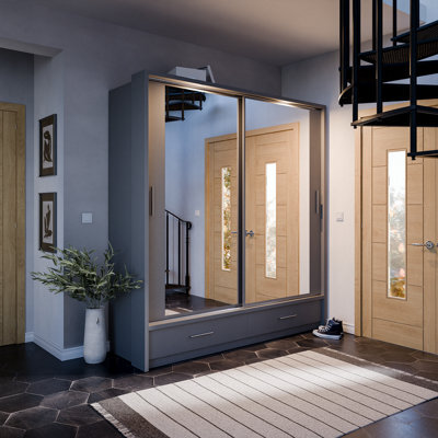 Arte Lux Xxiv-  Mirrored Sliding Door Wardrobe (H2150mm W2000mm D630mm) With Drawers And Led Lighting - Grey - image 1