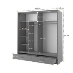 Arte Lux Xxiv-  Mirrored Sliding Door Wardrobe (H2150mm W2000mm D630mm) With Drawers And Led Lighting - Grey - thumbnail 4