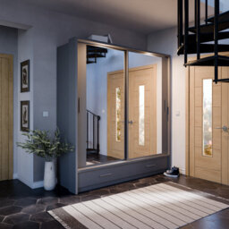 Arte Lux Xxiv-  Mirrored Sliding Door Wardrobe (H2150mm W2000mm D630mm) With Drawers And Led Lighting - Grey - thumbnail 1