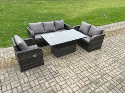 Fimous Outdoor Rattan Furniture Garden Dining Set Patio Height Adjustable Rising Lifting Table With 3 Seater Sofa Reclining Chair - image 1