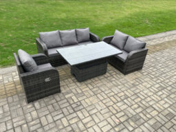 Fimous Outdoor Rattan Furniture Garden Dining Set Patio Height Adjustable Rising Lifting Table With 3 Seater Sofa Reclining Chair - thumbnail 2