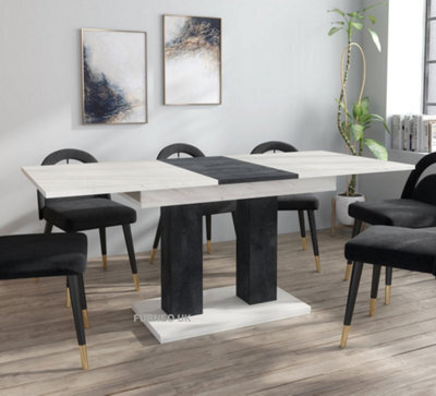 Furneo Modern Dining Table Extendable 140-180Cm White Marble & Black Concrete Effect Theo 05 - image 1