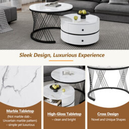 Abrihome High Gloss Round Nesting Coffee Table, Nesting Coffee Table Set Of 2 Center Table With Storage Drawers For Living Room - thumbnail 6