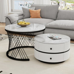 Abrihome High Gloss Round Nesting Coffee Table, Nesting Coffee Table Set Of 2 Center Table With Storage Drawers For Living Room - thumbnail 1
