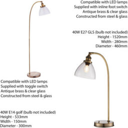 Standing Floor & Table Lamp Set Antique Brass Glass Shade Retro Industrial Light - thumbnail 2