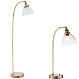 Standing Floor & Table Lamp Set Antique Brass Glass Shade Retro Industrial Light - thumbnail 1