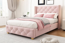 Btm Beige Linen Upholstered Bed 3Ft 90X190Cm With Slatted Base Button Headboard Rivet Detail Wooden Legs - thumbnail 6