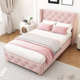 Btm Beige Linen Upholstered Bed 3Ft 90X190Cm With Slatted Base Button Headboard Rivet Detail Wooden Legs