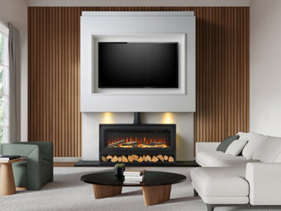 Acantha Pre-Built Media Wall 3 With Vision Electric Media Stove & Log Store In Black - image 1