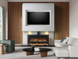 Acantha Pre-Built Media Wall 3 With Vision Electric Media Stove & Log Store In Black - thumbnail 1