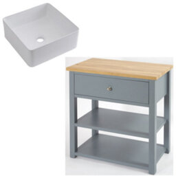 Homestylestore 840mm Light Grey And Oak Bathroom Vanity Unit With Square Countertop Basin And Chrome Round Handle - thumbnail 1