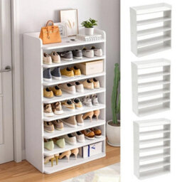 8 Tier White Wooden Hallway Shoe Rack Open Shelves Shoe Cabinet Storage Unit - thumbnail 3