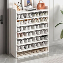 8 Tier White Wooden Hallway Shoe Rack Open Shelves Shoe Cabinet Storage Unit - thumbnail 1