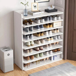 8 Tier White Wooden Hallway Shoe Rack Open Shelves Shoe Cabinet Storage Unit - thumbnail 4