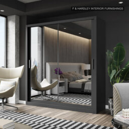 Fhif Dubai 203Cm Black Sliding Door Wardrobe Modern Bedroom Storage With Full Length Mirror Shelves And Hanging Rails