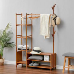 Living And Home Bamboo Clothes Rail Clothing Hanging Stand Garment Rack With 2 Open Shoe Rack And 4 Shelves - thumbnail 2