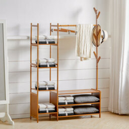 Living And Home Bamboo Clothes Rail Clothing Hanging Stand Garment Rack With 2 Open Shoe Rack And 4 Shelves